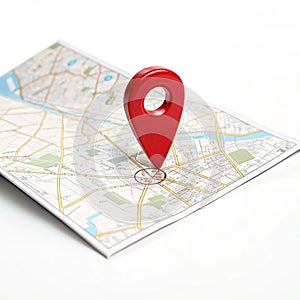 Map with a red pin isolated on white background