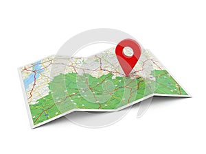 A map with a red pin pointer isolated on white background