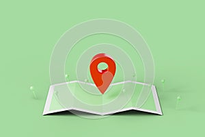 Map and red pinpoint on green background. 3d illustration