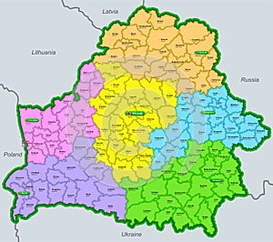 Map of the Republic of Belarus marked by regions and districts in english and russian photo