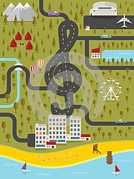 Map of resort town with road in shape of treble cl photo
