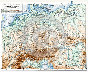 Map of rivers and mountains of central Europe.