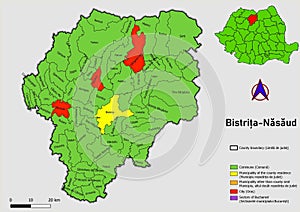 Map of Romania with administrative divisions of Bistrita Nasaud county map with communes, city, municipalities, county seats