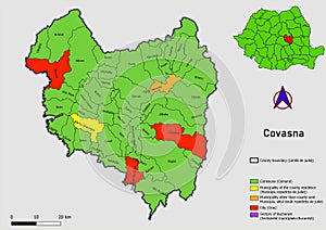 Map of Romania with administrative divisions of Covasna county map with communes, city, municipalities, county seats