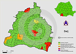 Map of Romania with administrative divisions of Dolj county map with communes, city, municipalities, county seats