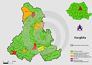 Map of Romania with administrative divisions of Harghita county map with communes, city, municipalities, county seats