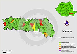 Map of Romania with administrative divisions of Ialomita county map with communes, city, municipalities, county seats