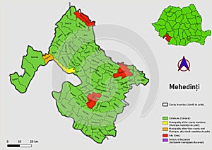 Map of Romania with administrative divisions of Mehedinti county map with communes, city, municipalities, county seats