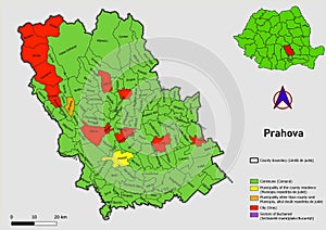 Map of Romania with administrative divisions of Prahova county map with communes, city, municipalities, county seats