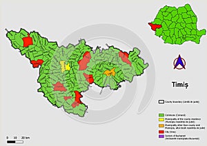 Map of Romania with administrative divisions of Timis county map with communes, city, municipalities, county seats