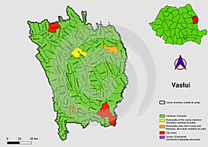 Map of Romania with administrative divisions of Vaslui county map with communes, city, municipalities, county seats photo