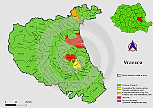 Map of Romania with administrative divisions of Vrancea county map with communes, city, municipalities, county seats