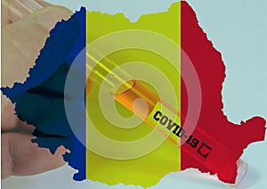 Map of Romania with a flag and a test tube of COVID-19 - the concept of coronavirus spread