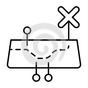 Map with route trail and cross pointer thin line icon, osint analytics concept. Vector graphics. Path with map metrics
