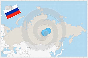 Map of Russia with a pinned blue pin. Pinned flag of Russia