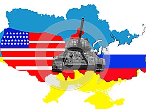 Map of Russia USA and Ukraine with tanks