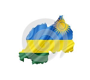 Map of Rwanda with waving flag isolated on white photo