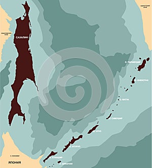 Map of the Sakhalin region. Kuril Islands and sea of of Okhotsk