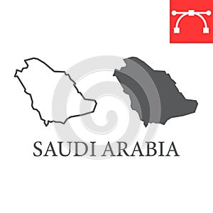 Map of Saudi Arabia line and glyph icon, country and geography, saudi arabia map sign vector graphics, editable stroke