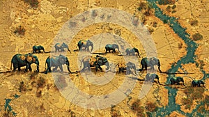 A map showing the migratory pathways of majestic elephants in search of water and food sources across the grasslands of