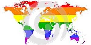Map silhouette of the continents of earth painted in colors of the rainbow LGBT flag, LGBT vector color background