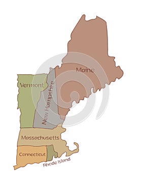 Map of the Six New England States in Northeastern United States Drawing