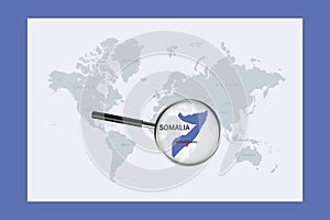 Map of Somalia on political world map with magnifying glass