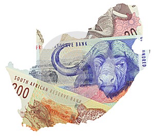 Map of South Africa overlaid with Rand notes