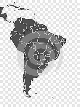 Map of  South America . Detailed map of South America with States of the Brazil and Caribs. Template. Stock vector.
