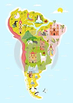 Map of South America with famous natural landmarks, buildings and animals