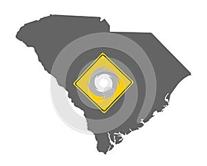Map of South Carolina and traffic sign hurricane warning