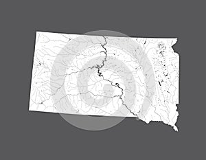 Map of South Dakota with lakes and rivers.