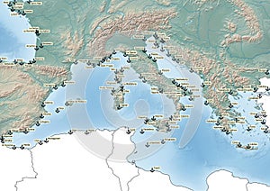 Map of Southwest Europe continent Illustration with the biggest ports