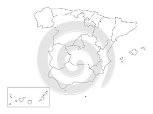 Map of Spain devided to 17 administrative autonomous communities. Simple thin black outline on white background