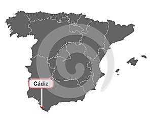 Map of Spain with place name sign of Cadiz