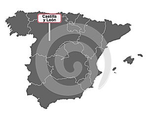 Map of Spain with place name sign of Castilla y Leon