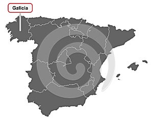 Map of Spain with place name sign of Galicia
