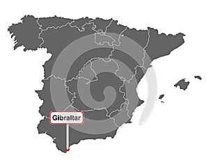 Map of Spain with place name sign of Gibraltar