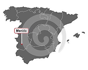 Map of Spain with place name sign of Merida