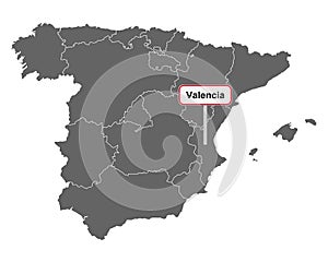 Map of Spain with place name sign of Valencia