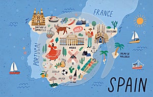 Map of Spain with touristic landmarks or sights and national symbols - cathedrals, flamenco dancer, bull, sangria