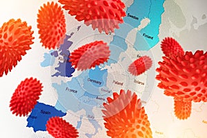 Map of the spread of monkeypox virus in Europe. Smallpox virus abstract model. Disease outbreak photo