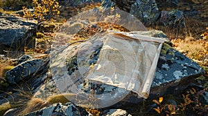 A map is spread out on a campsite its corners weighed down by rocks. The map shows a path through the wilderness leading