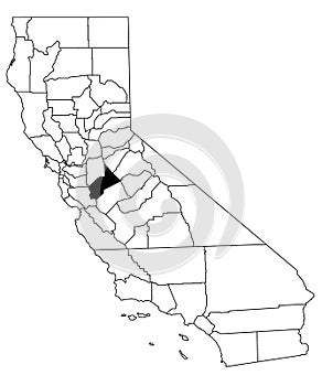 Map of  stanislaus County in California state on white background. single County map highlighted by black colour on California map