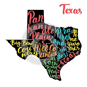 Map of state Texas, USA with colorful hand-written names of regions.