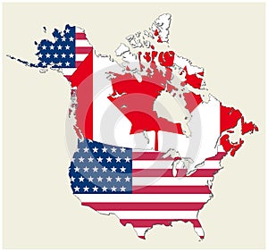 Map of the states of canada and usa represented as flag