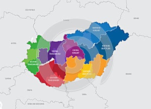 Map statistical regions of Hungary with territories neighboring countries Europe, detailed vector illustration