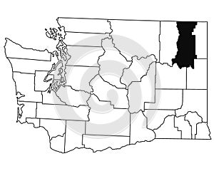 Map of Stevens County in Washington DC state on white background. single County map highlighted by black colour on WASHINGTON map