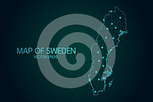 Map of Sweden - With glowing point and lines scales on the dark gradient background, 3D mesh polygonal network connections