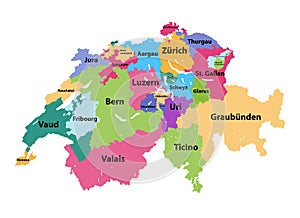 Vector map of Switzerland colored by cantons
